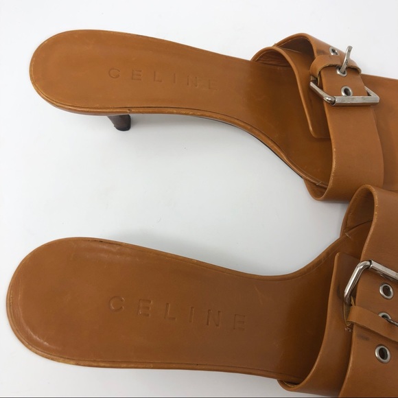 CELINE 38.5 Tan Buckle Kitten Heels B, Sandals - Picture 4 of 8
